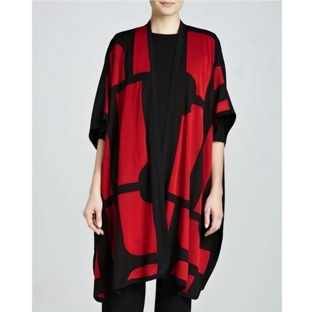 MISOOK Poncho Cape Sweater Red Black Knitwear Button Sides Geometric X-Large